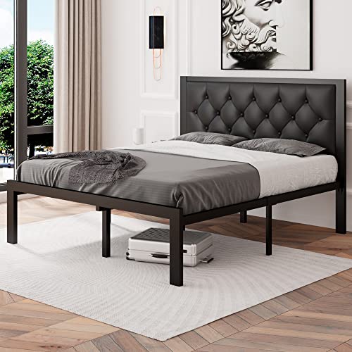 Full Size Black Metal Platform Bed Frame with Faux Leather Tufted Headboard M495250