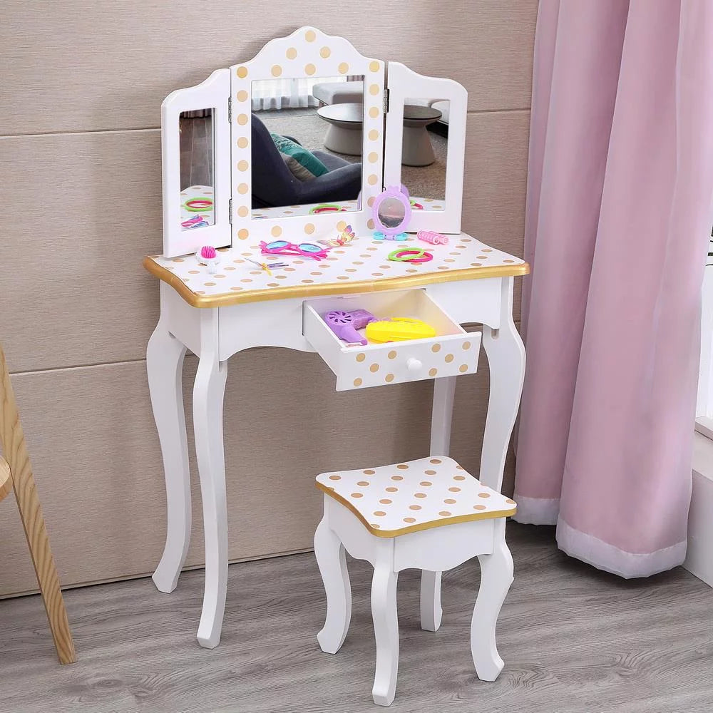 Kids Vanity Table and Stool Set with 3 Mirrors T60799
