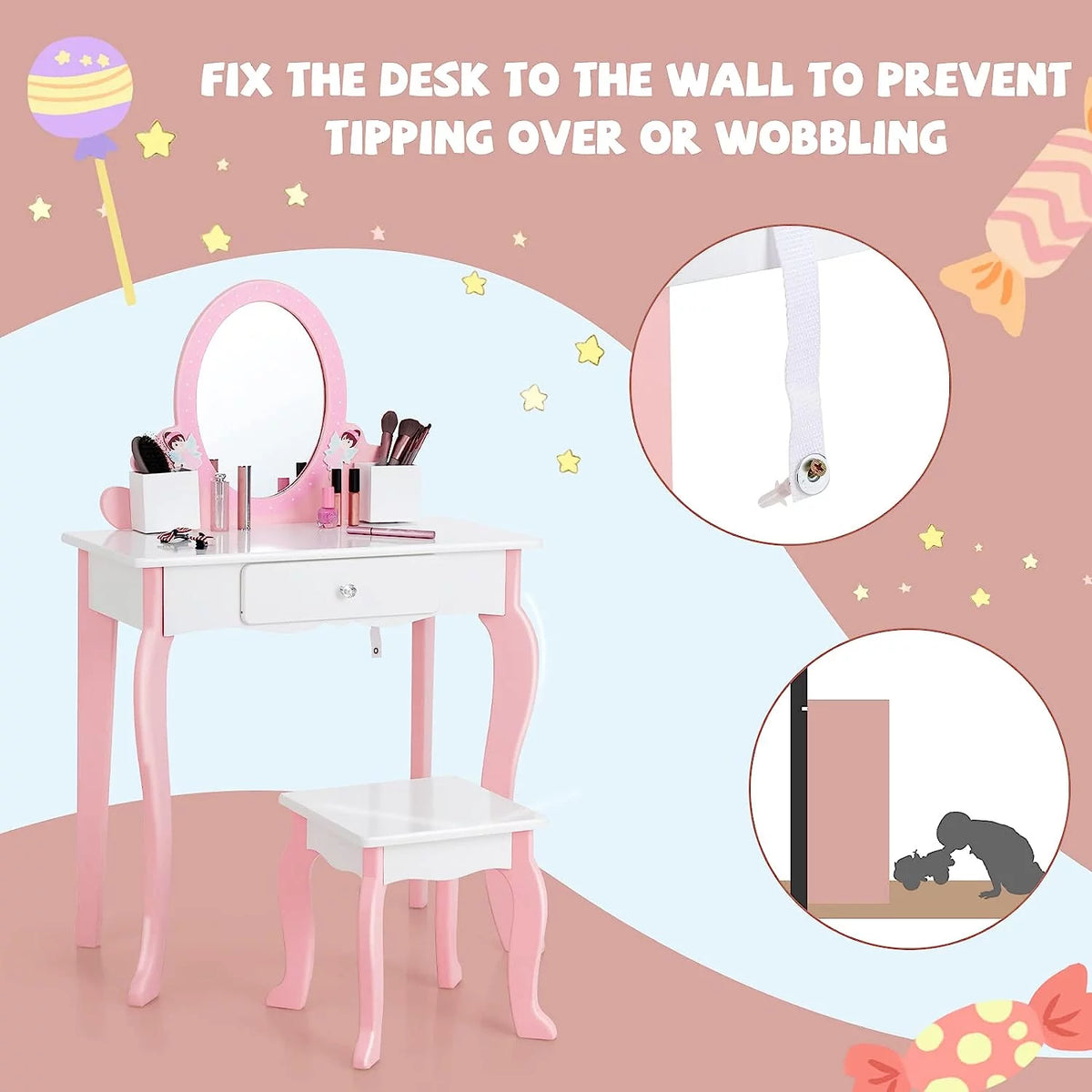Kids Vanity Set with Mirror and Stool L515