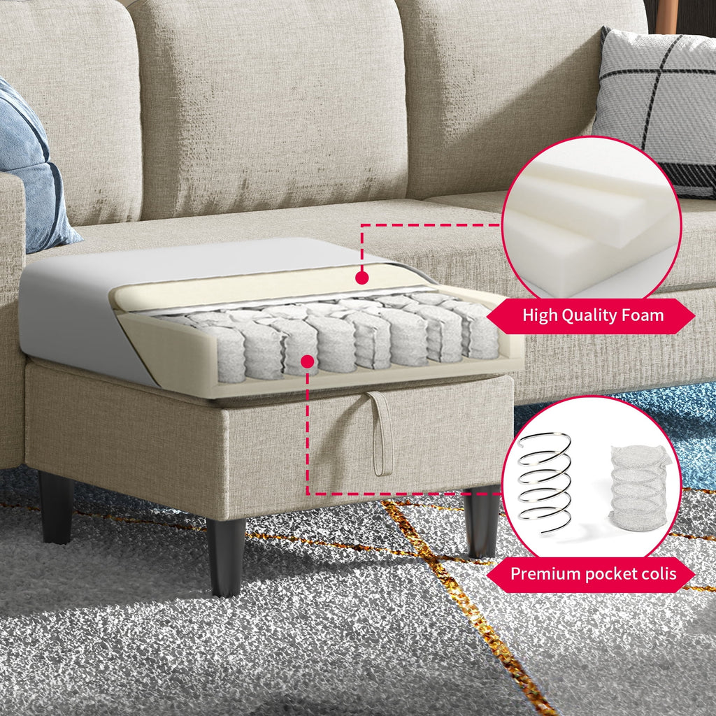 Beige Linen Sectional Sofa with Storage Ottoman L393