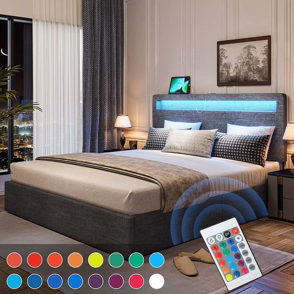Queen Bed Frame with LED Lights Headboard, 4 Drawers, 2 USB Charging Station, Upholstered Platform Bed, Dark Gray Z366330