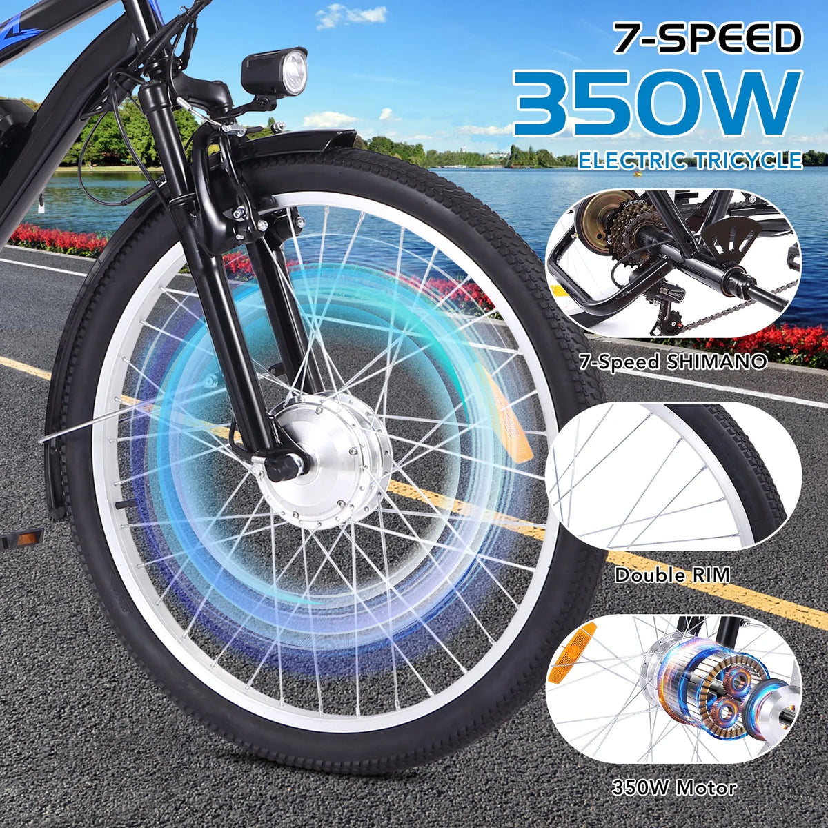 Electric Tricycle, 50 MI Long Range, 350W 36V 10AH Step-Thru, 3 Wheel Fat Tire, Black N38640