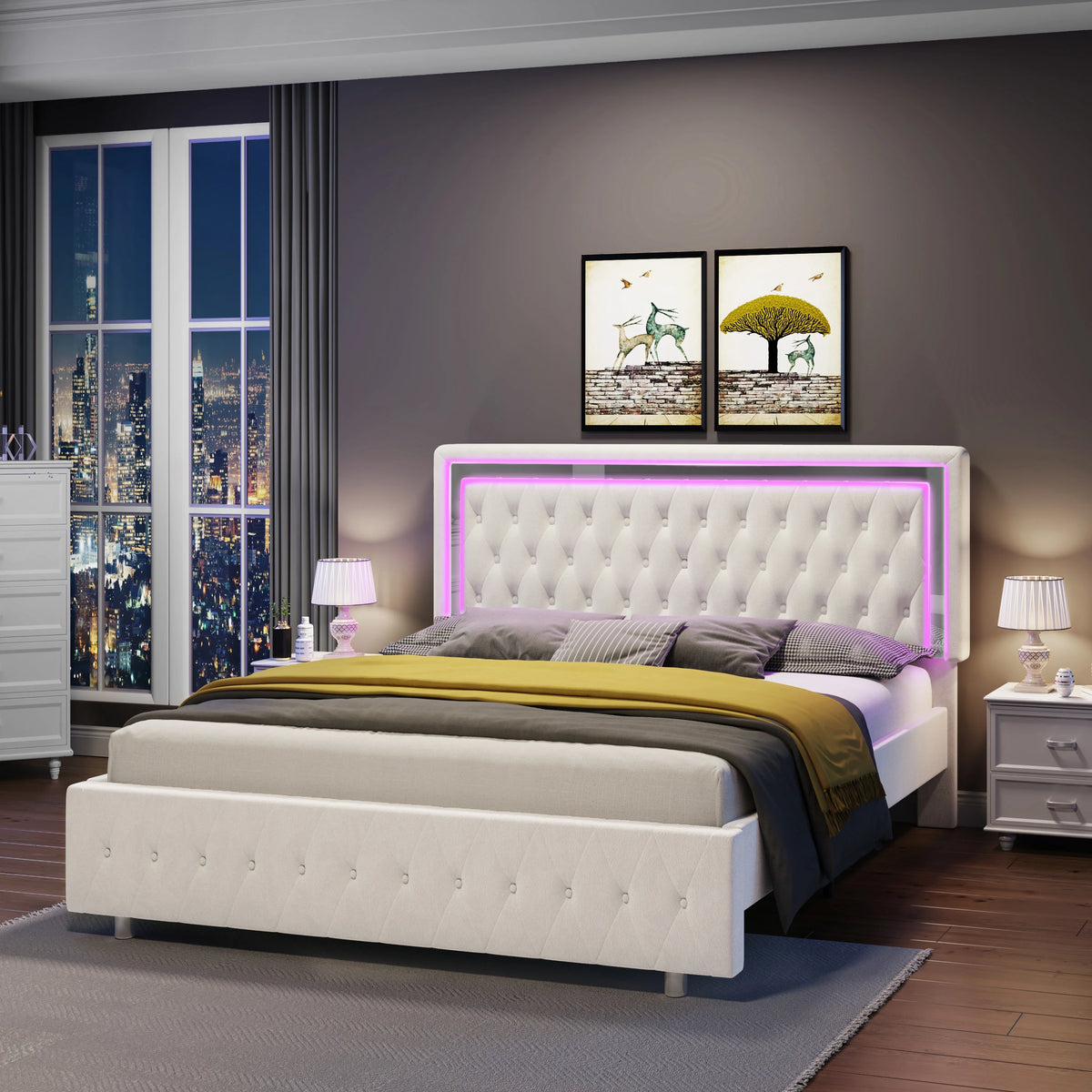 Queen Size Velvet Button Tufted LED Bed Frame F8297