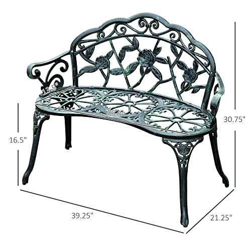 Green Cast Aluminum Metal Bench with Floral Rose Accent C900581
