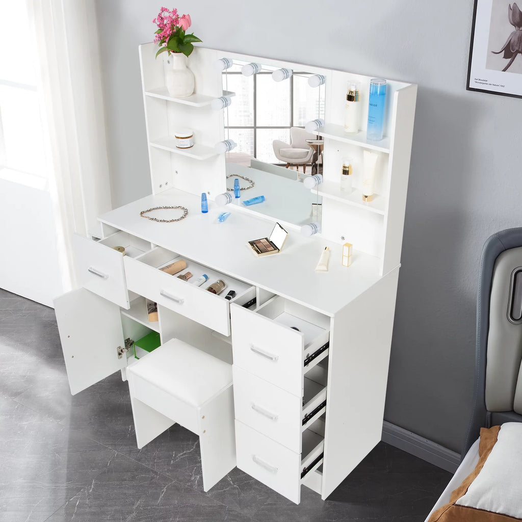 White Vanity Set with LED Lights, Stool, 5 Drawers I9974