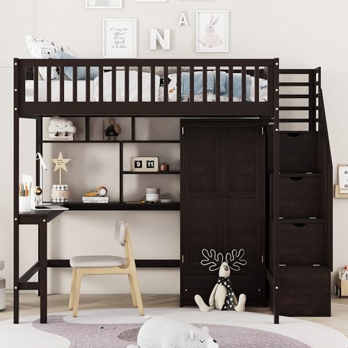 Full Size Espresso Wood Loft Bed with Wardrobe Desk Storage Stairs R45818