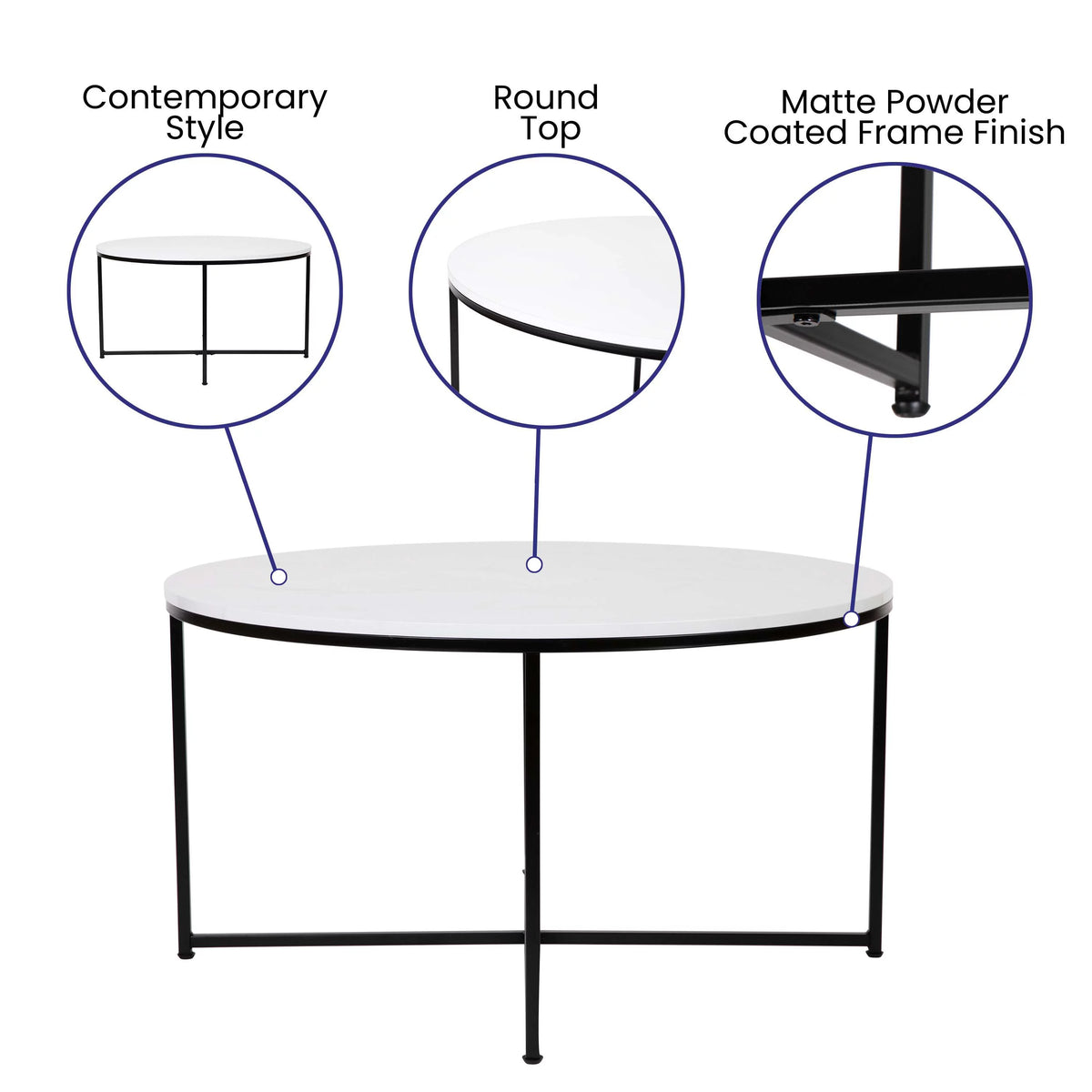White Marble Finish Coffee Table with Matte Black Frame T55381