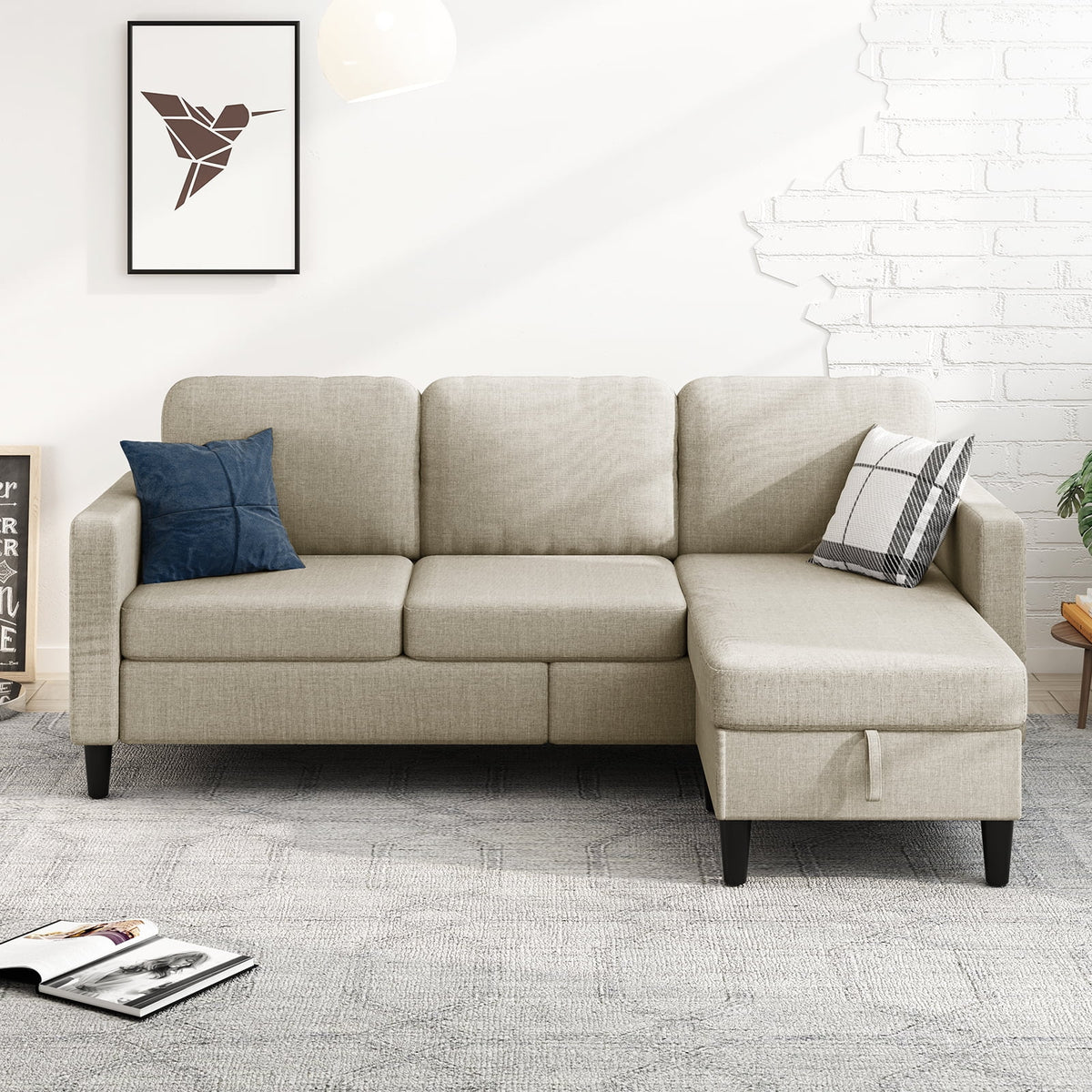Beige Linen Sectional Sofa with Storage Ottoman L393