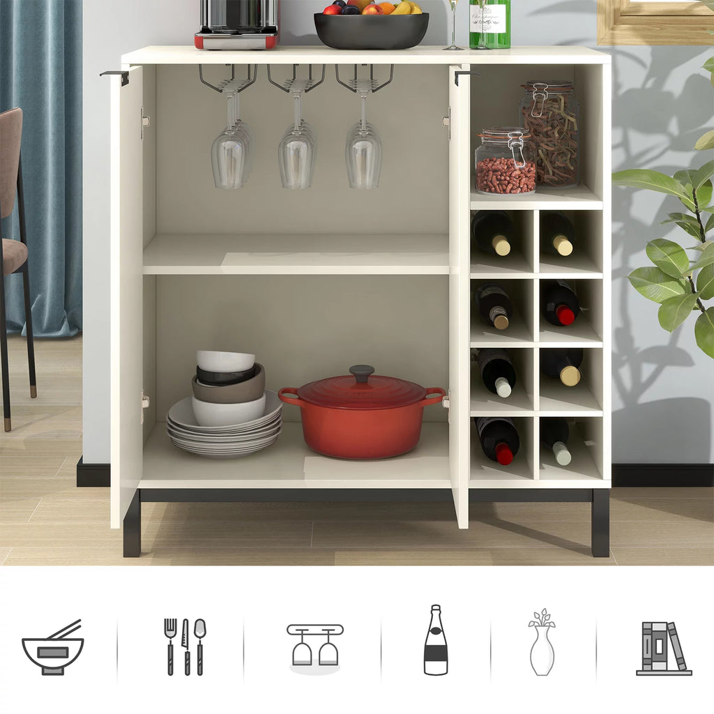 White Wood Bar Cabinet with 2 Door and 8 Wine Racks J15236