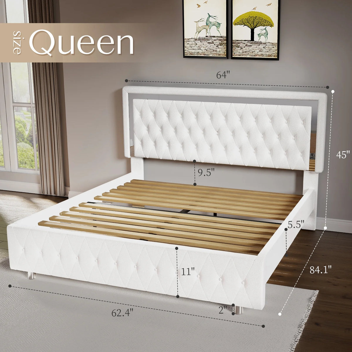 Queen Size Velvet Button Tufted LED Bed Frame F8297