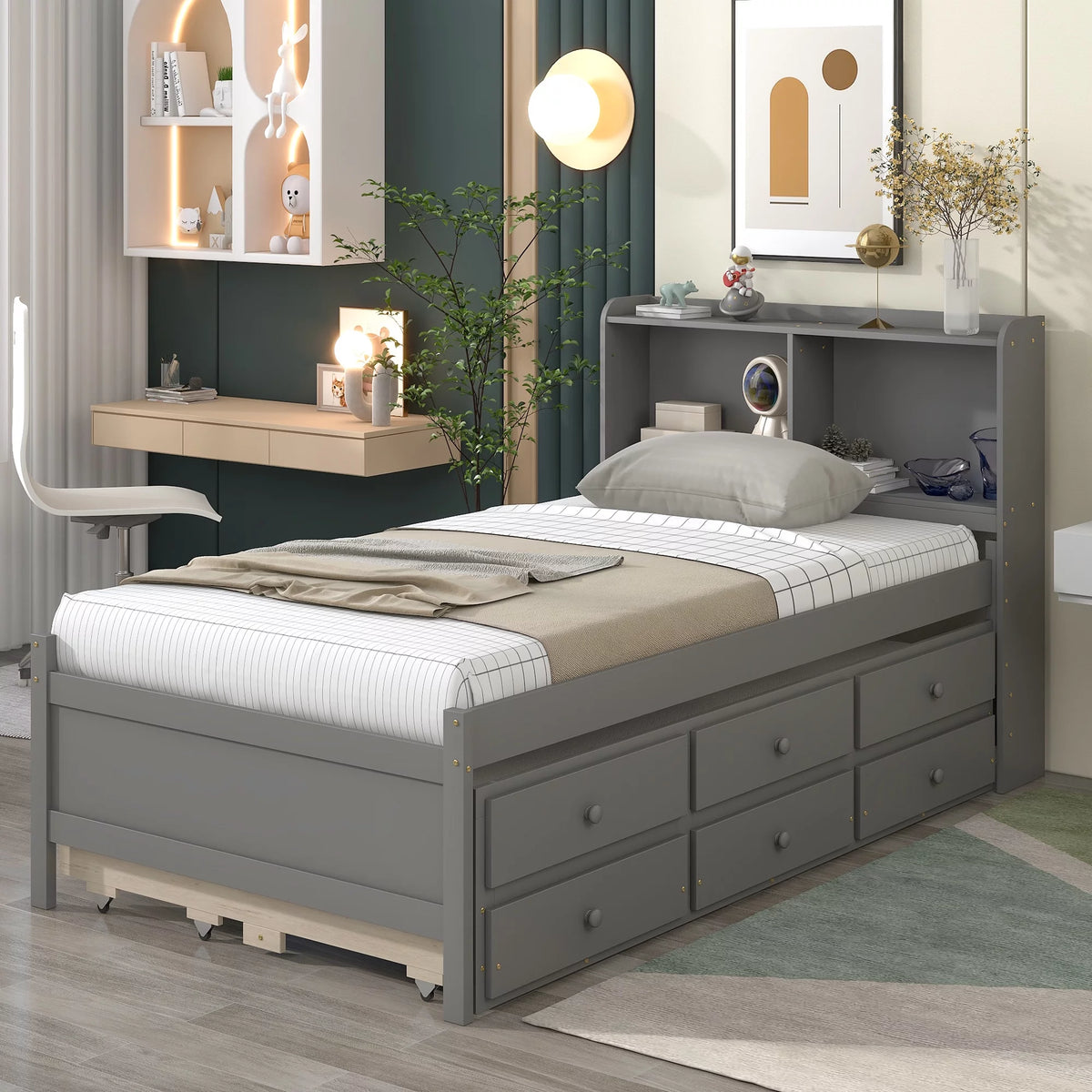Twin Size Wooden Platform Bed with Trundle and 3 Storage Drawers M474