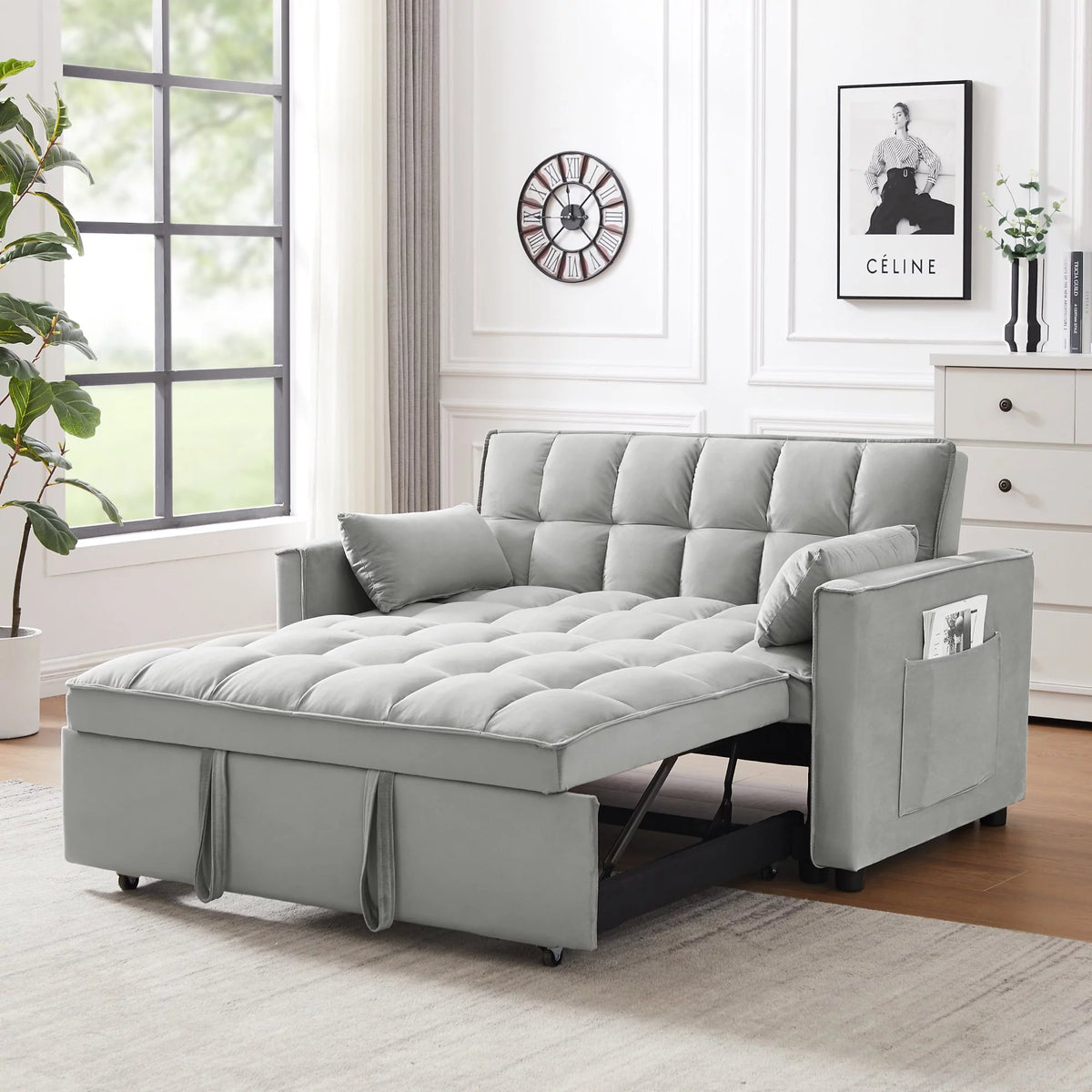 Velvet Convertible Sleeper Sofa Bed with 2 Lumbar Pillows E924342