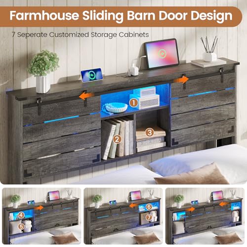 Queen Size Wooden Bed Frame with Bookcase Headboard and Storage Drawers S67456