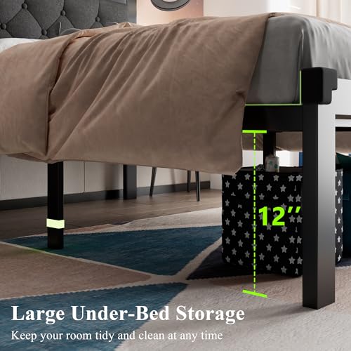Full Size Black Metal Platform Bed Frame with Faux Leather Tufted Headboard M495250