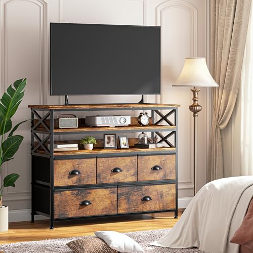 Rustic Brown Dresser TV Stand with 5 Fabric Drawers O139