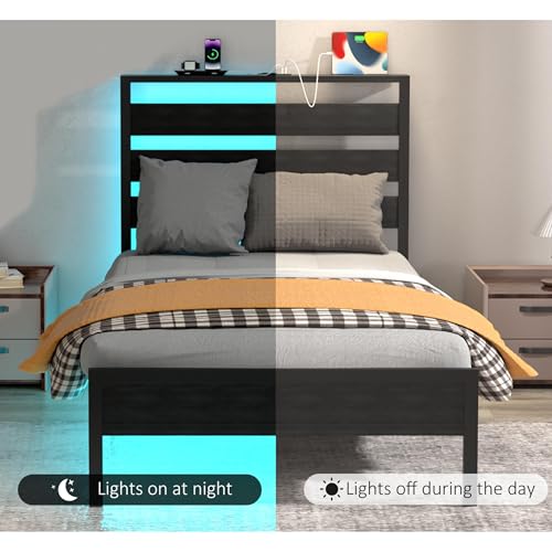 Black Twin Bed Frame with Storage Headboard and Charging Station W665060