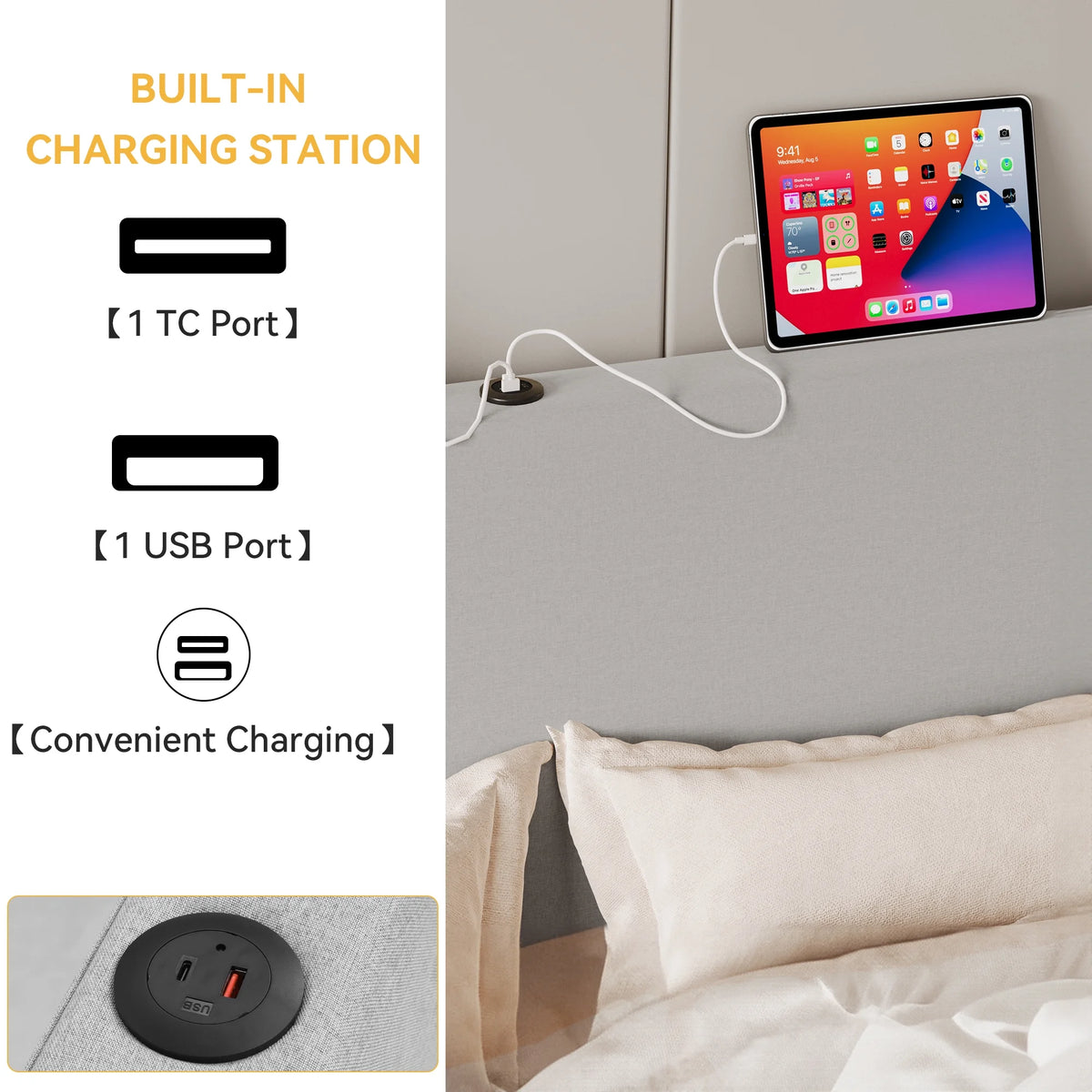 Queen Size Lift-Up Storage Bed with Charging Station and Wingback Headboard C26897