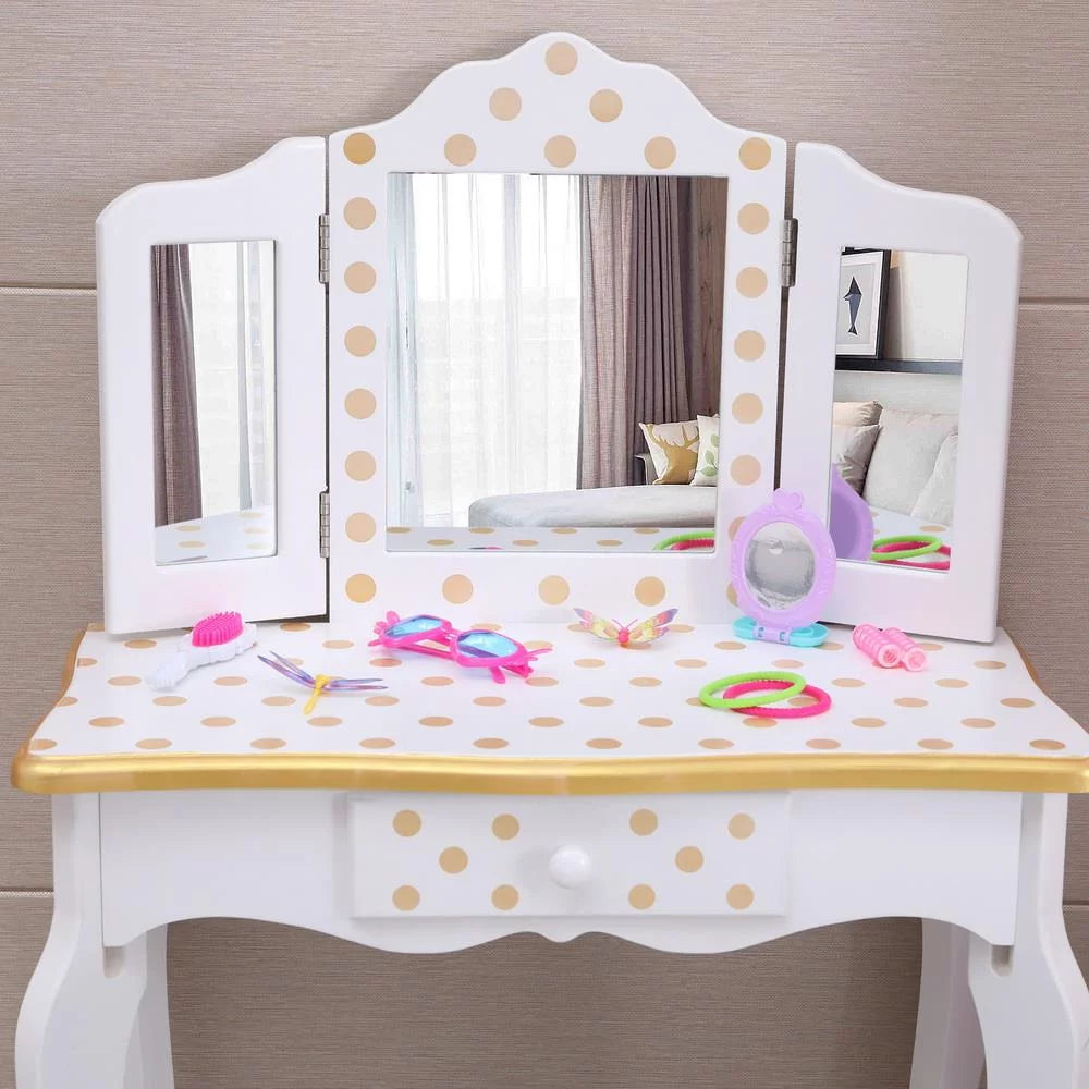 Kids Vanity Table and Stool Set with 3 Mirrors T60799