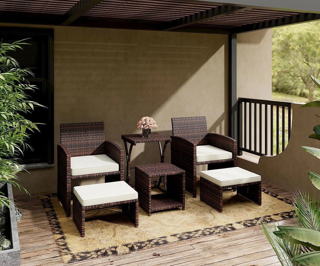 5 Piece PE Wicker Patio Conversation Set with Cushions and Glass Table K7449