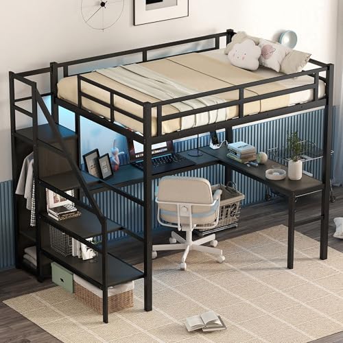 Full Size Black Metal Loft Bed with Desk and Wardrobe S53490