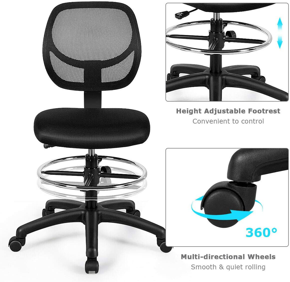 Black Mesh Drafting Chair with Footrest Ring Q8600