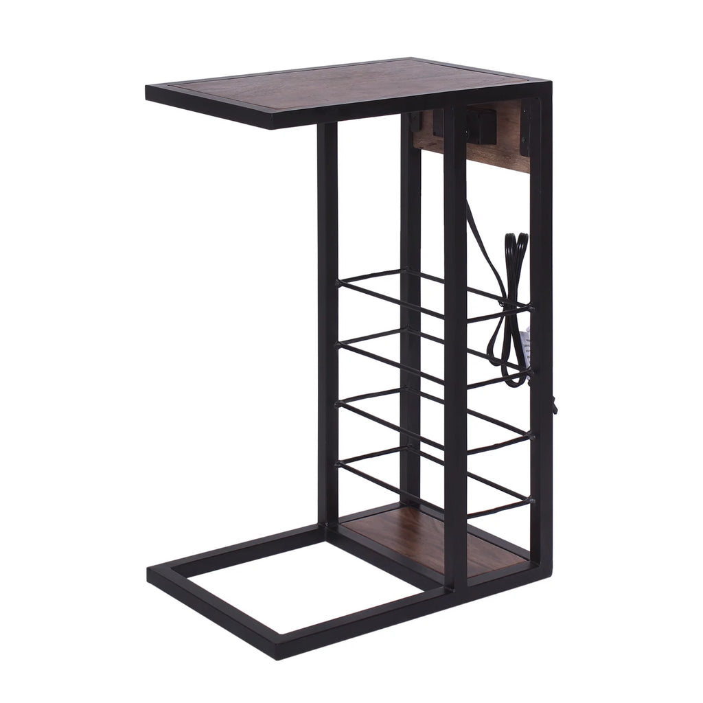 Dark Brown Wood & Metal Side Table with USB & Storage Rack V888