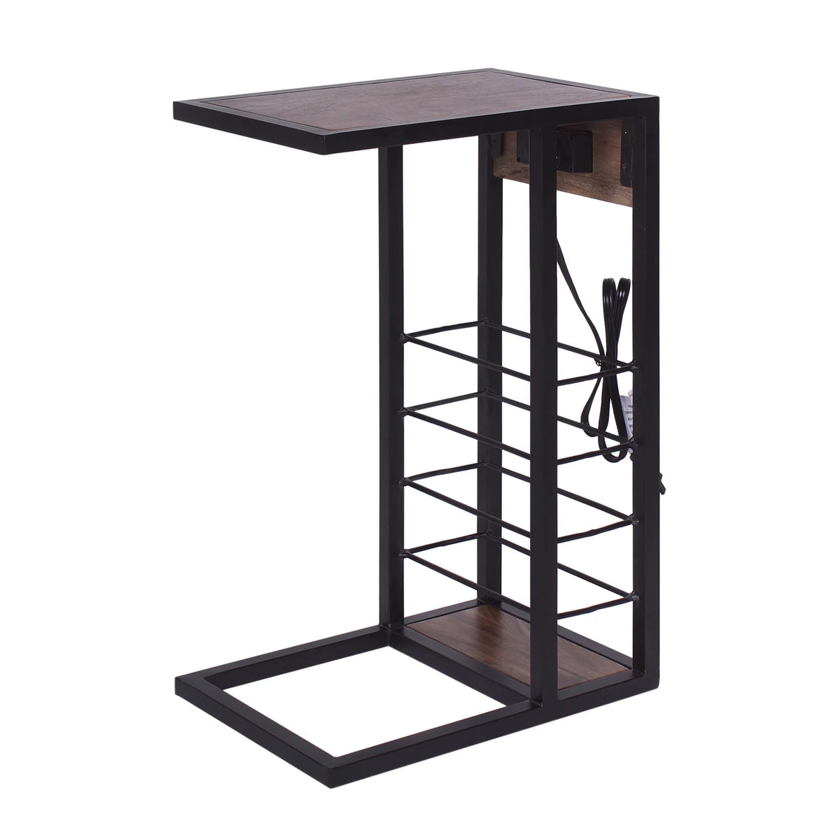 Dark Brown Wood & Metal Side Table with USB & Storage Rack V888