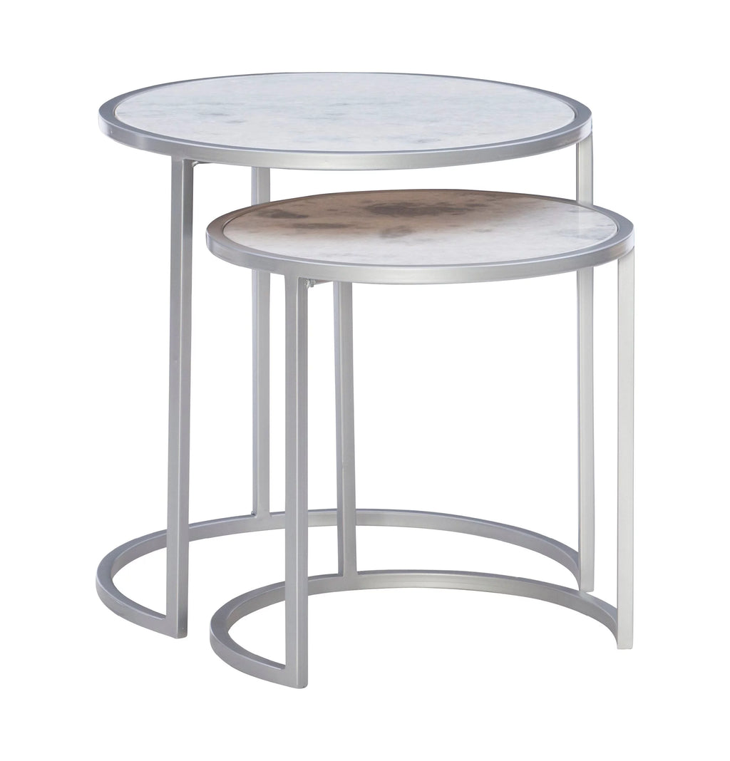 Round Nesting Tables Set of 2 Silver Metal White Marble Tops Z8016