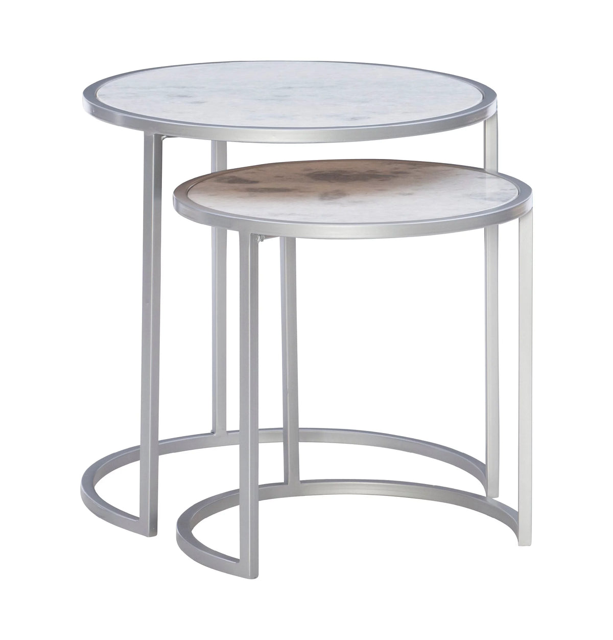 Round Nesting Tables Set of 2 Silver Metal White Marble Tops Z8016