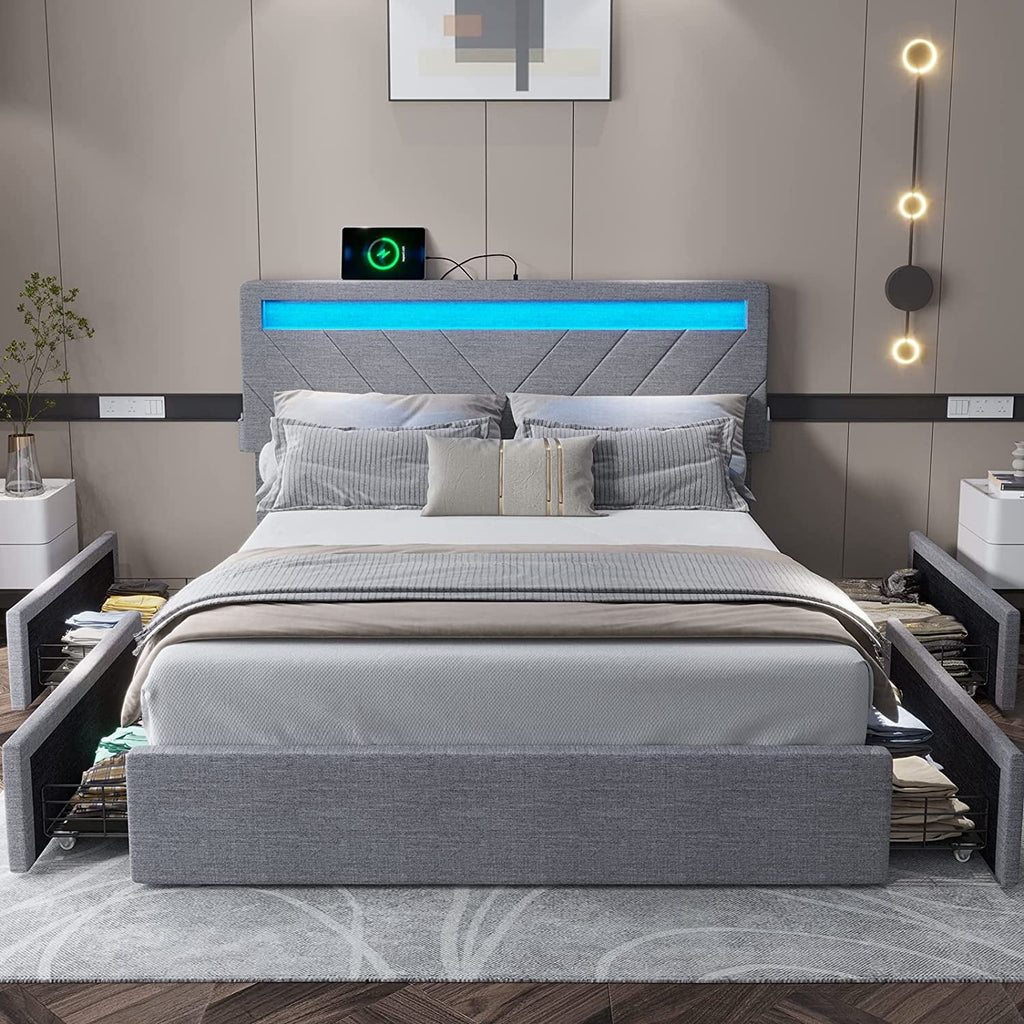 Queen Bed Frame with LED Lights Headboard, 4 Drawers, 2 USB Charging Station, Upholstered Platform Bed, Dark Gray Z366330