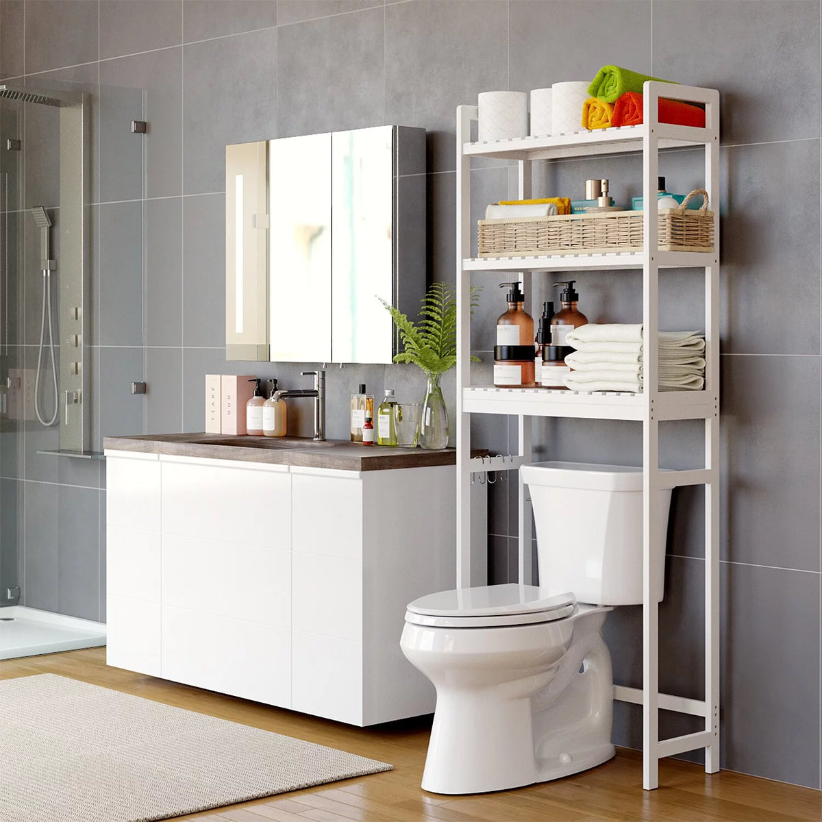 3 Tier White Bamboo Over the Toilet Storage Shelf B440