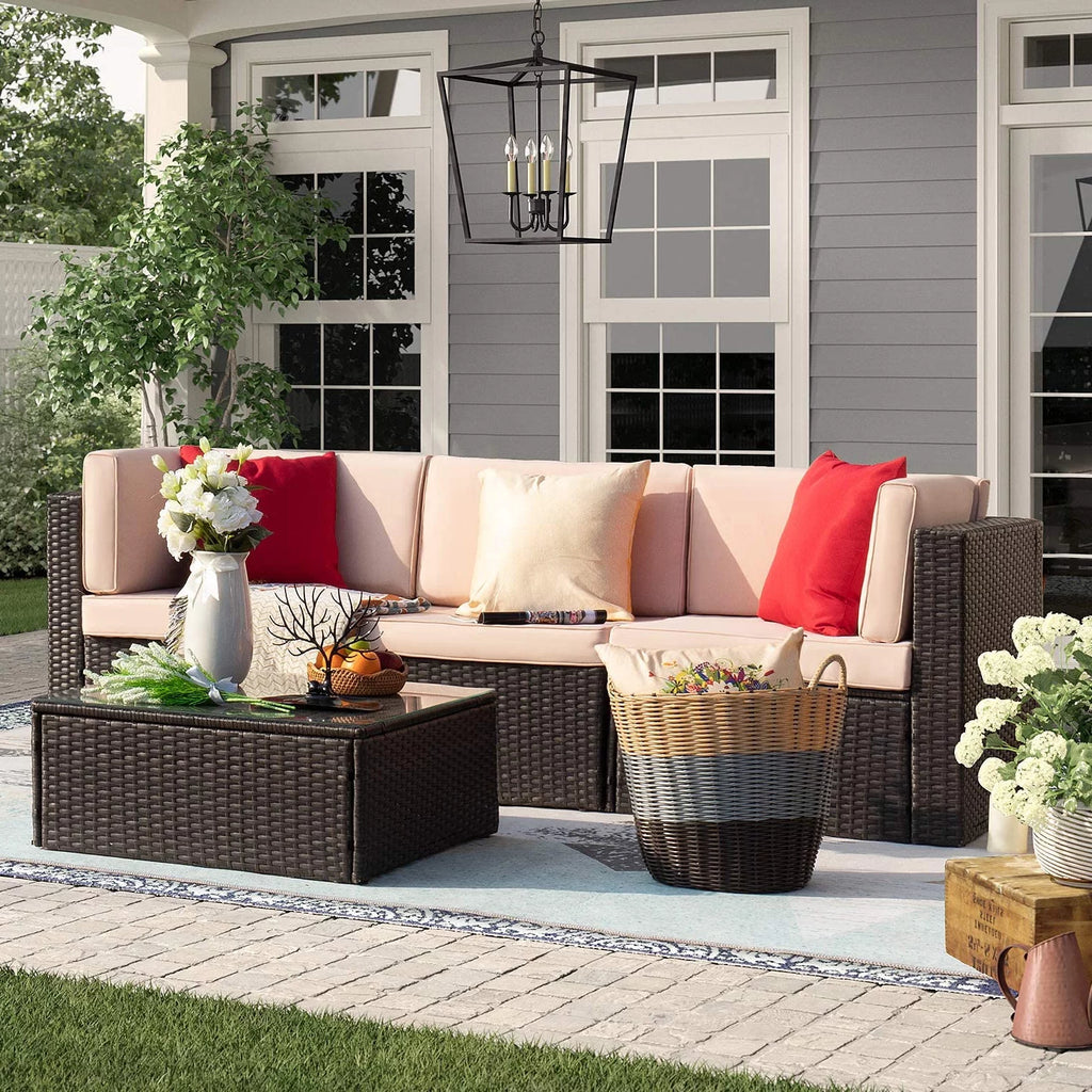 4 Pieces All Weather Patio Sectional Sofa with Cushion and Glass Table L9603