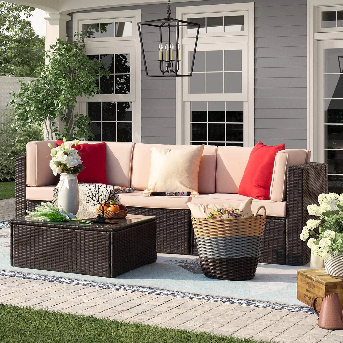4 Pieces All Weather Patio Sectional Sofa with Cushion and Glass Table L9603