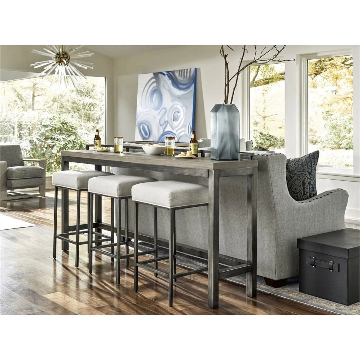 Modern Table with 3 Stools Gray Metal Wood Top Q60370