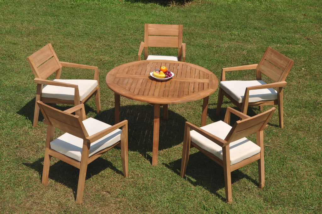 Grade-A Teak 6 Pc Dining Set with 48" Round Table and 5 Stacking Arm Chairs U9759