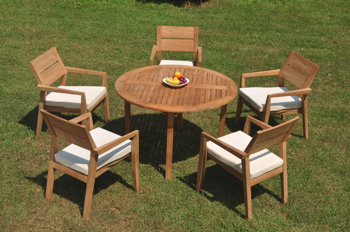 Grade-A Teak 6 Pc Dining Set with 48" Round Table and 5 Stacking Arm Chairs U9759