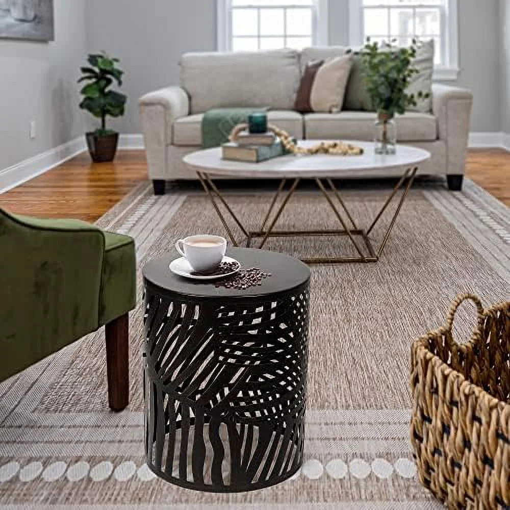 Metal Accent Table Nesting Round End Tables Black with Rust Leaf V387165