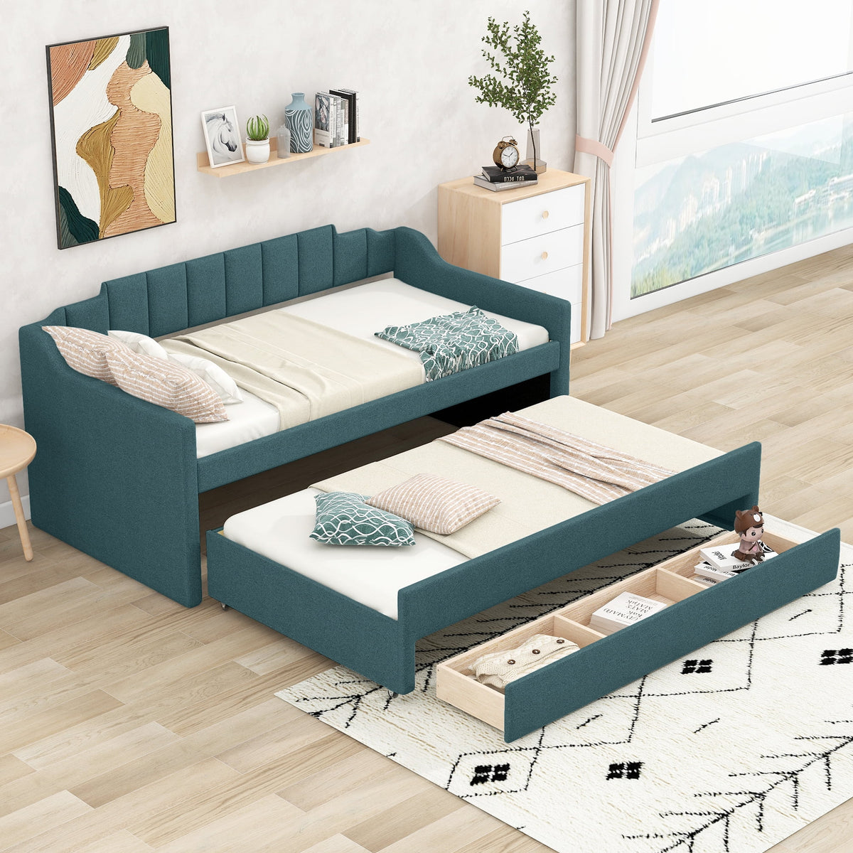 Green Twin Size Upholstered Daybed with Trundle and 3 Drawers S2823