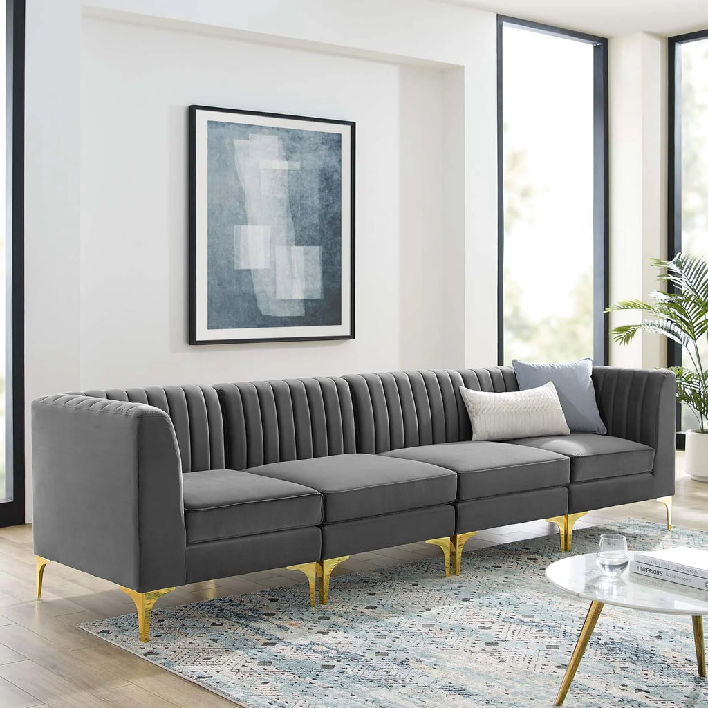Gray Channel Tufted Performance Velvet 4-Seater Sofa V8362