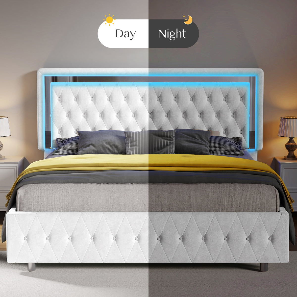 Queen Size Velvet Button Tufted LED Bed Frame F8297