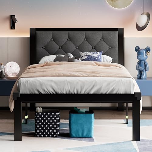Full Size Black Metal Platform Bed Frame with Faux Leather Tufted Headboard M495250