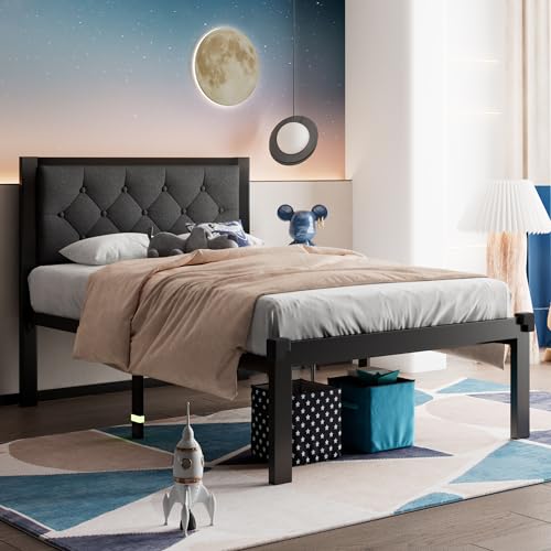 Full Size Black Metal Platform Bed Frame with Faux Leather Tufted Headboard M495250