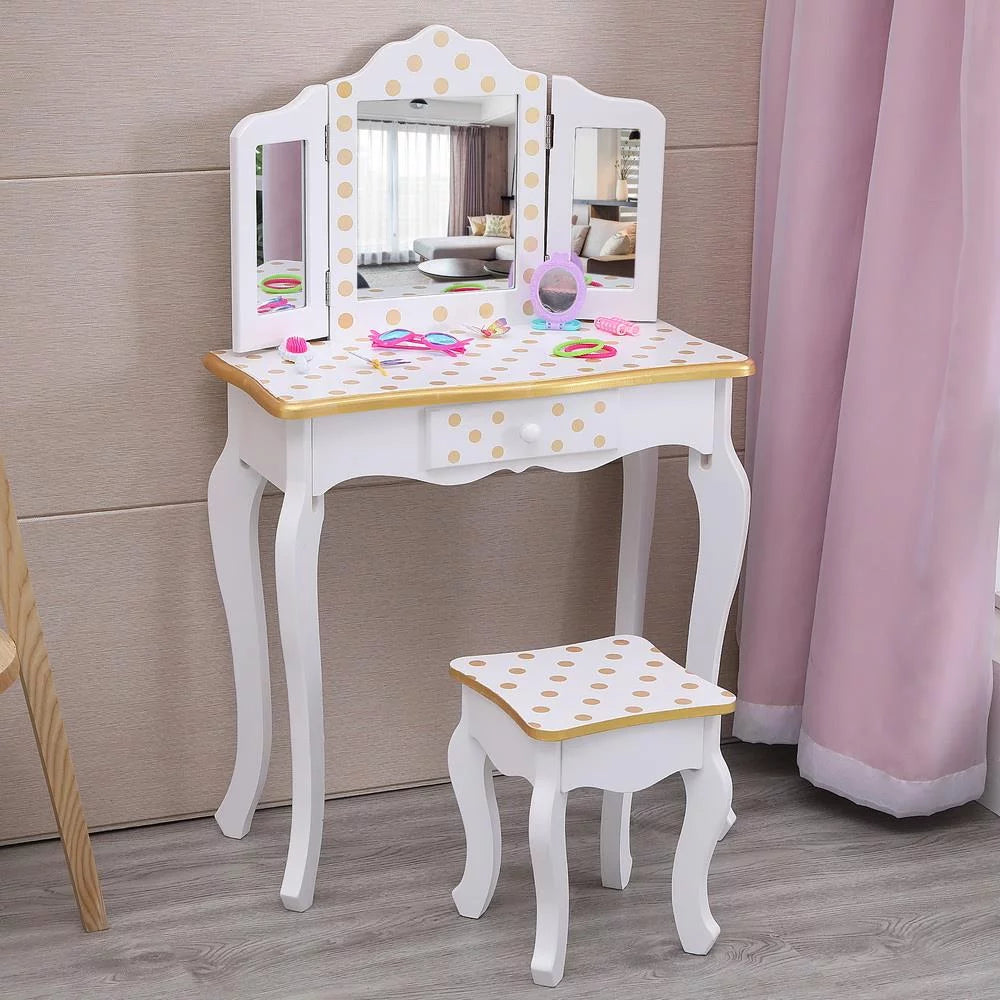 Kids Vanity Table and Stool Set with 3 Mirrors T60799