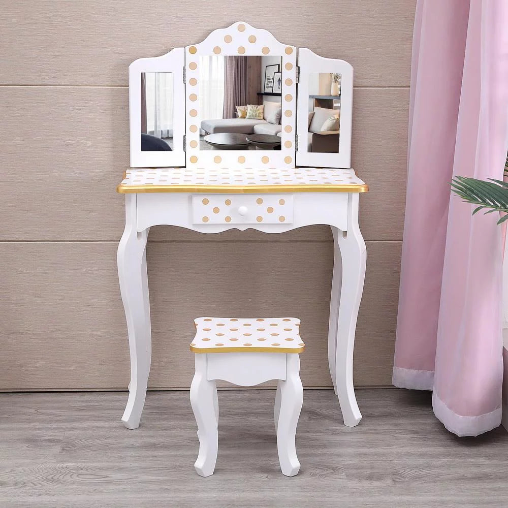Kids Vanity Table and Stool Set with 3 Mirrors T60799