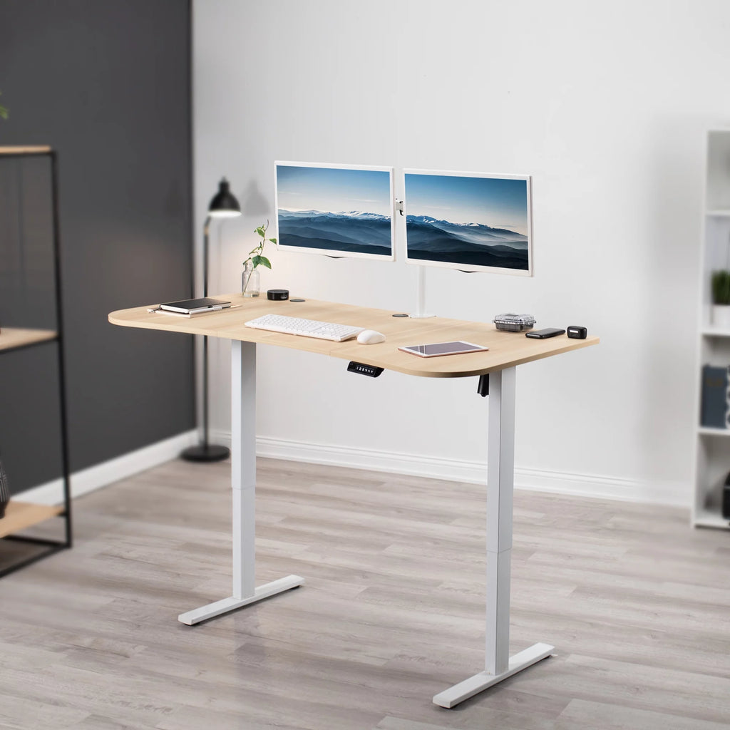 Electric 63” x 32” Stand Up Desk, Light Wood 3 Part Table Top, White Frame V472003