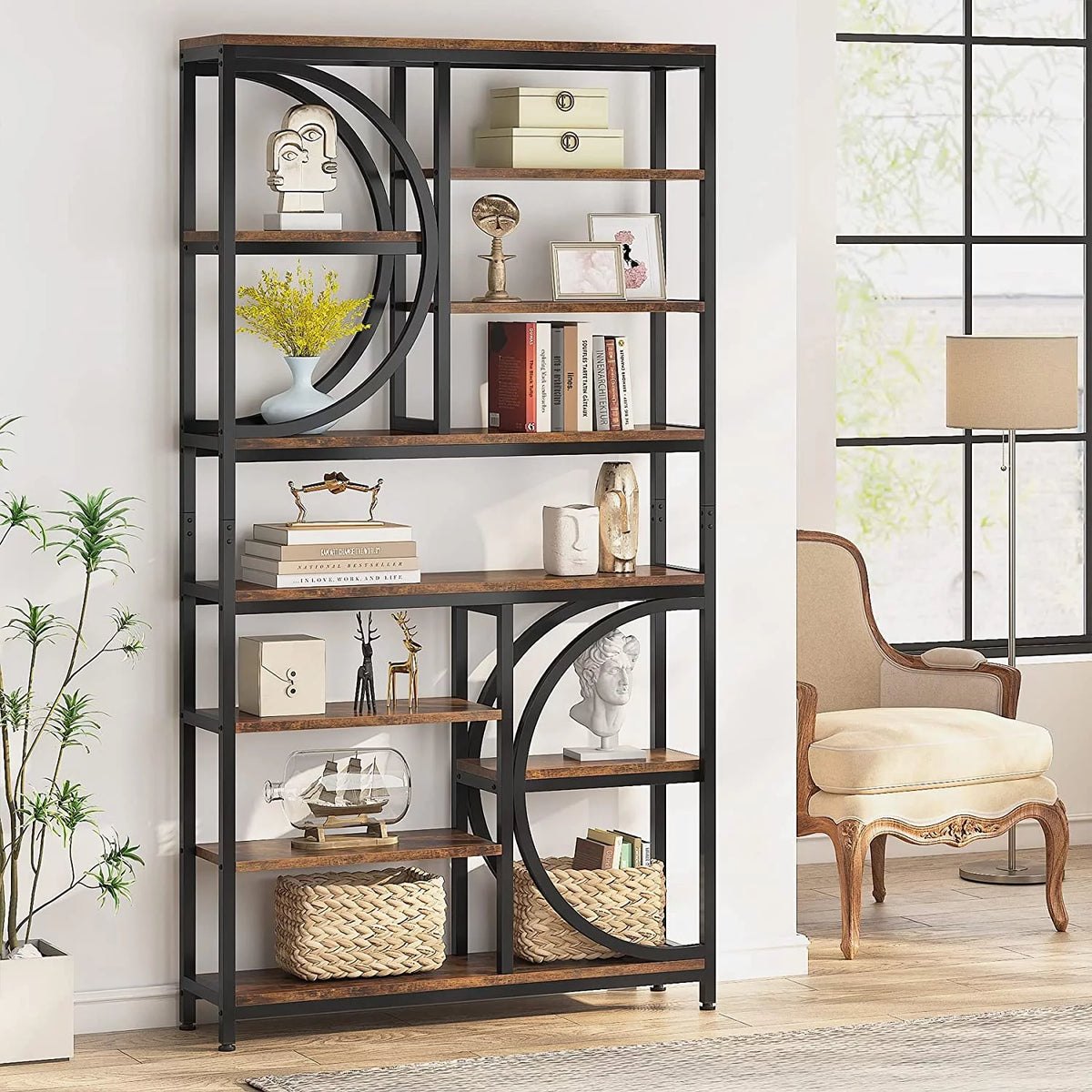 Industrial 8-Tier Wood Look Bookshelf with Metal Frame Y66975