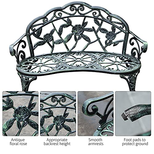 Green Cast Aluminum Metal Bench with Floral Rose Accent C900581