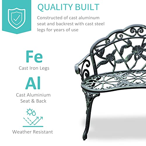 Green Cast Aluminum Metal Bench with Floral Rose Accent C900581